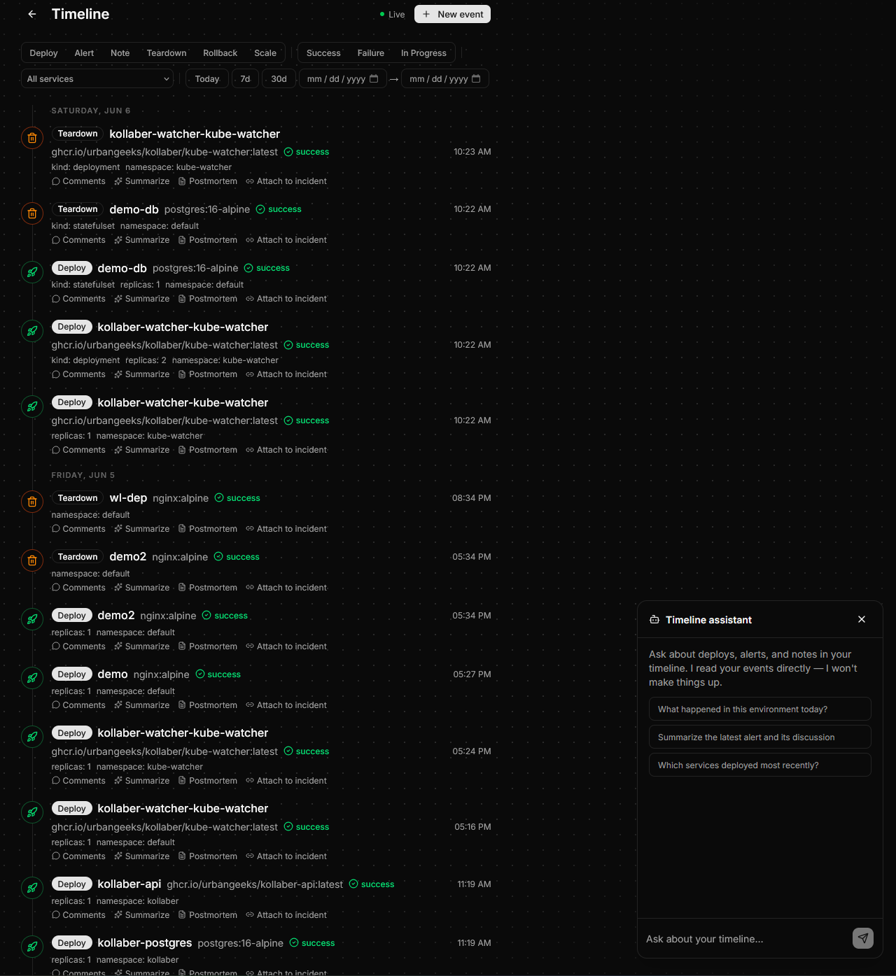 Kollaber's timeline assistant answering questions about deploys and alerts, with suggested prompts