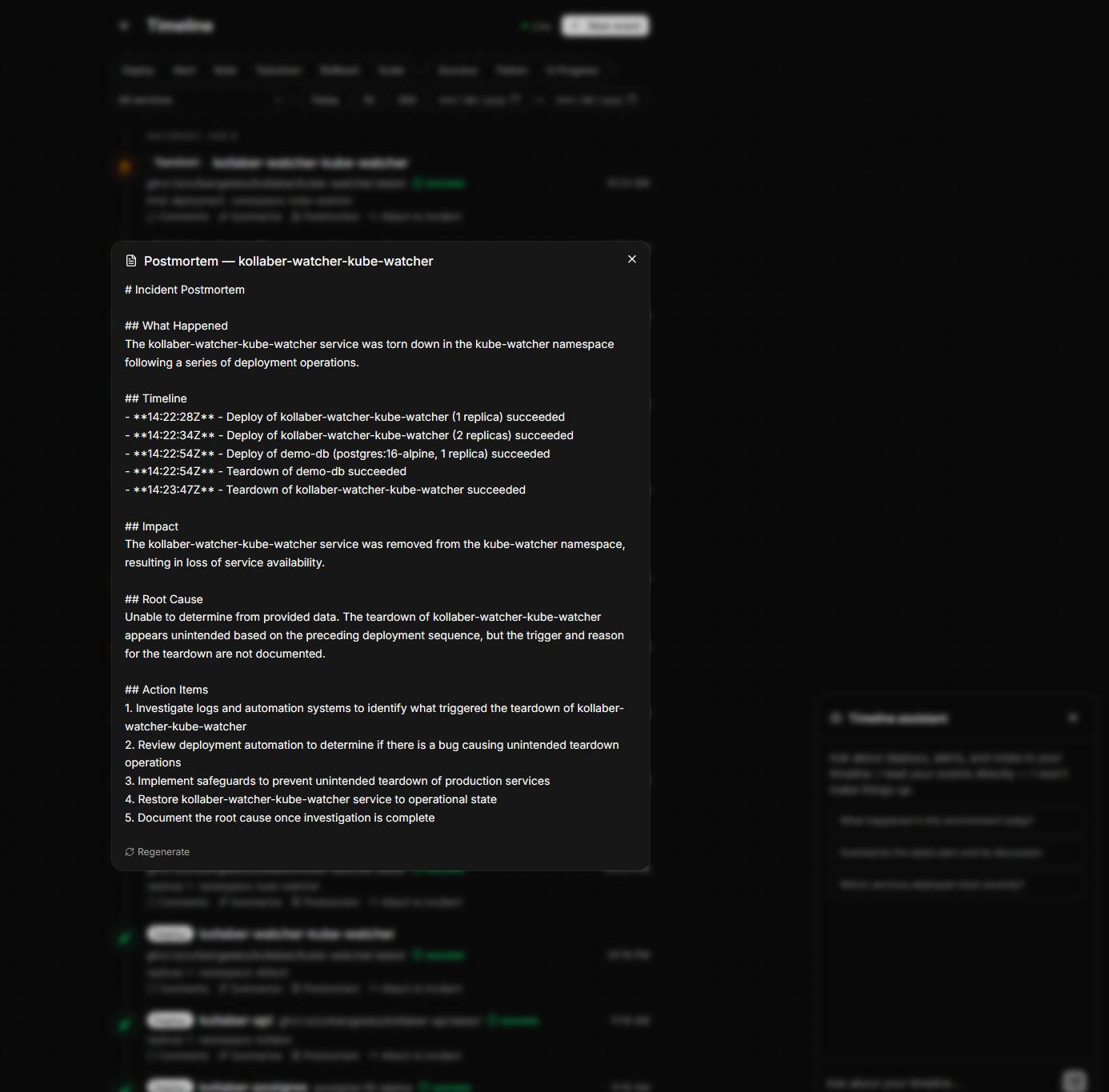 An AI-generated incident postmortem covering what happened, timeline, impact, root cause, and action items